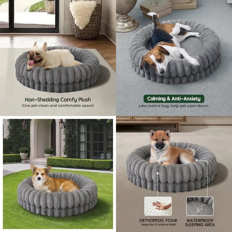 

Luxury Donut Dog Bed, 30 Inch Round Dog Bed Medium Size Dogs Washable, Orthopedic Calming Dogs Bed for Pets with Anti-Slip Bott