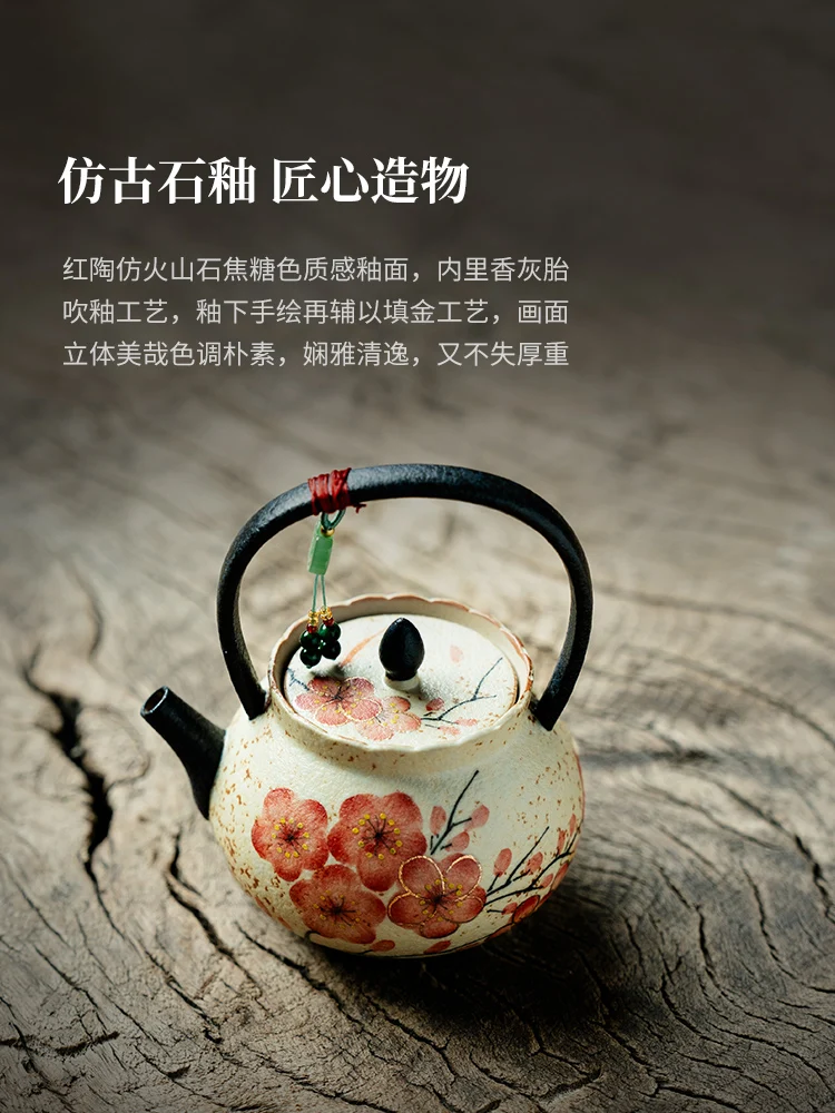 Pure Hand Drawing Plum Teapot with Slide Household Loop-Handled Single Porcelain Set Water Filtration Kettle
