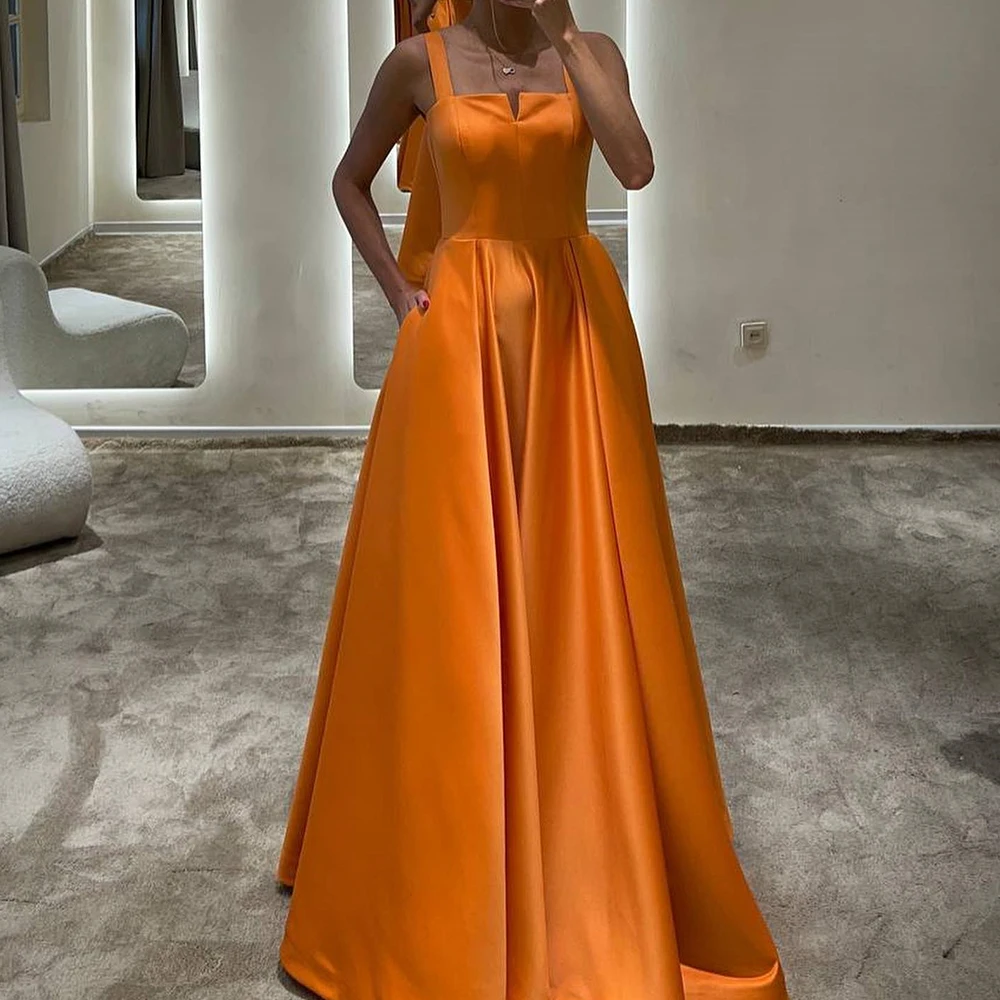 A-Line Square Neck Spaghetti Straps Satin Sleeveless Elegant and Temperament Evening Gowns Pleats Lace Up Back Saudi Arabia 2024