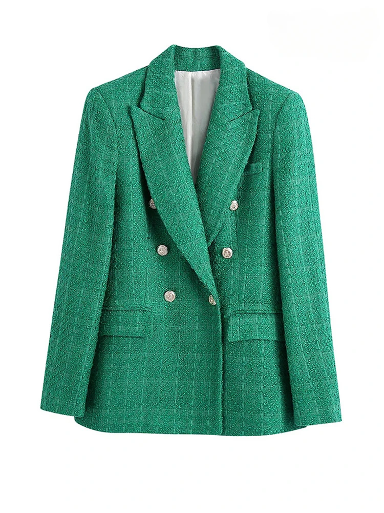 2024 New Women Fashion Double Breasted Tweed Green Blazer Coat Vintage Long Sleeve Flap Pockets Female Outerwear Chic Veste