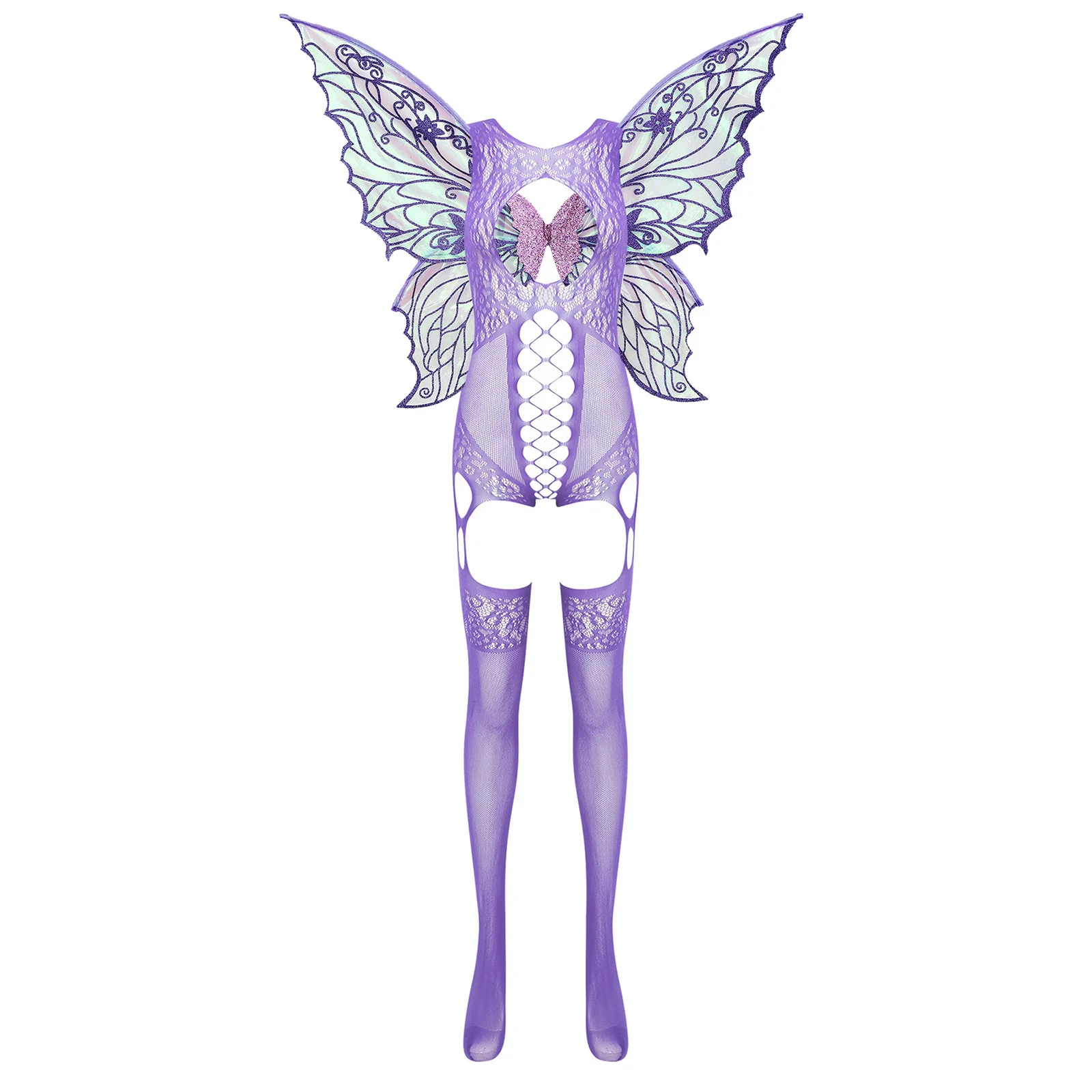 

Adult Women Erotic Flirting Fishnet Footed Stocking with Butterfly Wings Sets Lingerie Dating Night Tearable Body-stockings
