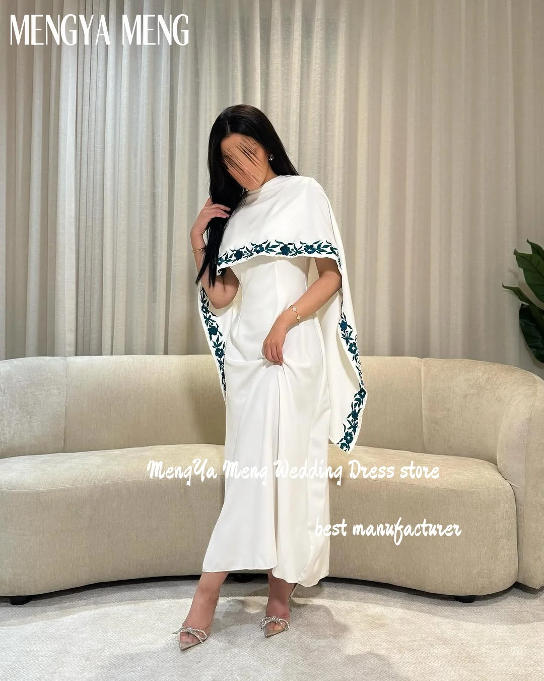 2025 Arabic Dubai Elegant White Cape Evening Party Dresses Embriodery Silk Satin Special Occasion Dress Prom Gowns Customized