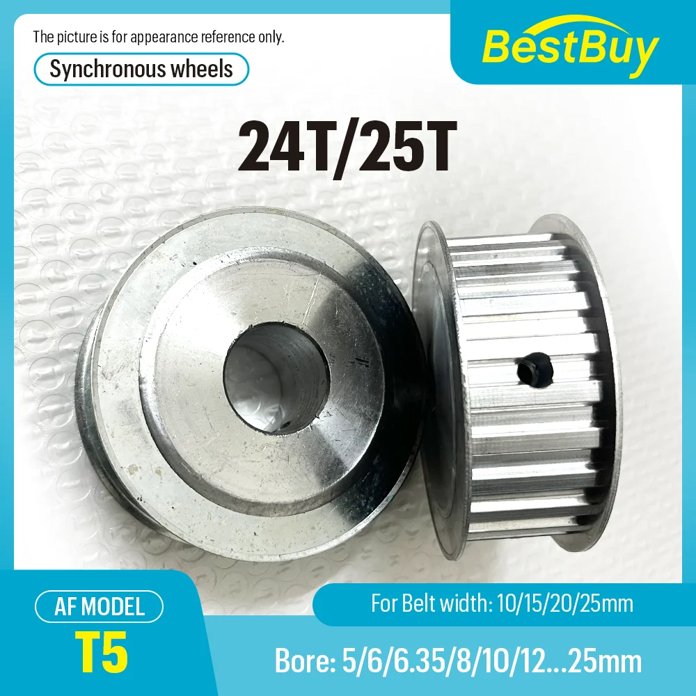 

T5 24T/25T Synchronous Timing Belt Wheels Alloy AF Shape Bore 5-25mm Pitch 5mm Width Compatible with 10/15/20/25mm T5 Belt