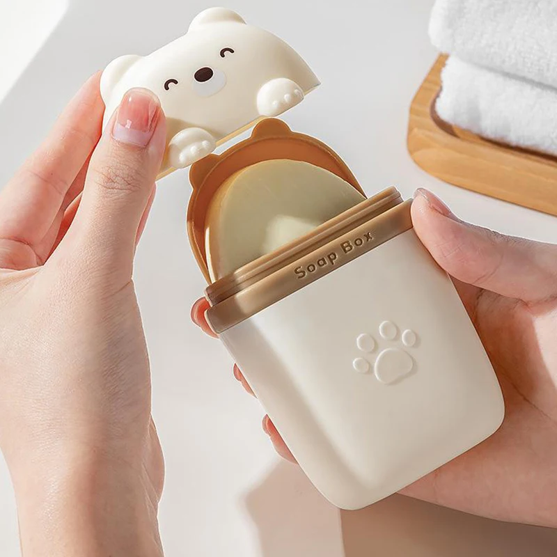 Cartoon Bear Portable Soap Dish Sealed Storage Box Waterproof Travel Home Bathroom Soap Box Camping Portable Storage Soap Box