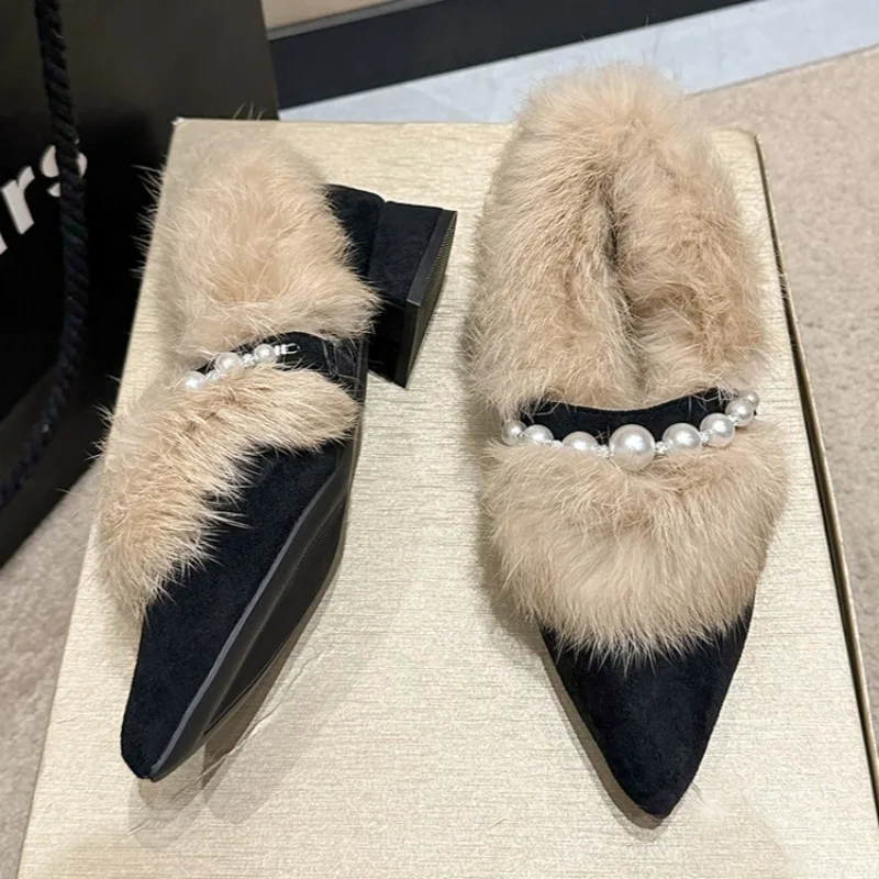 Bead Fur Pointed Toe Suede Women Shoes Chunky Marie Janes Mid Heels Elegant Shoes 2025 Trend Winter Plush Pumps Zapatos Mujer