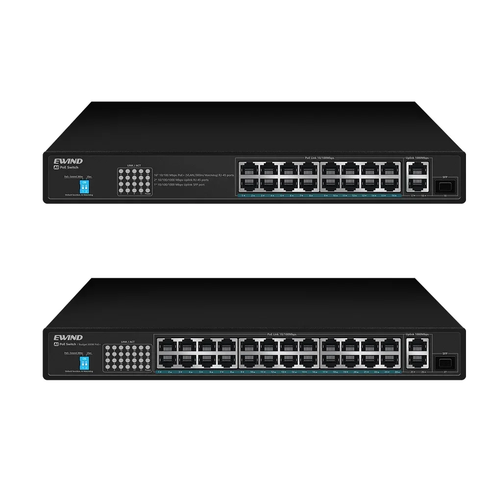 EWIND POE Switch 16/24 Ports 10/100/1000Mbps Uplink RJ45 Ports and 1 100/1000M SFP Slot AI Smart Switch,for NVR or cameras