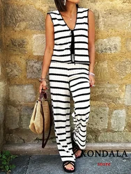 KONDALA New Chic Streetwear Striped Women Suit Fashion 2023 Casual Lace Sleeveless Vest Top Knit Wide Leg Long Pants Holiday Set