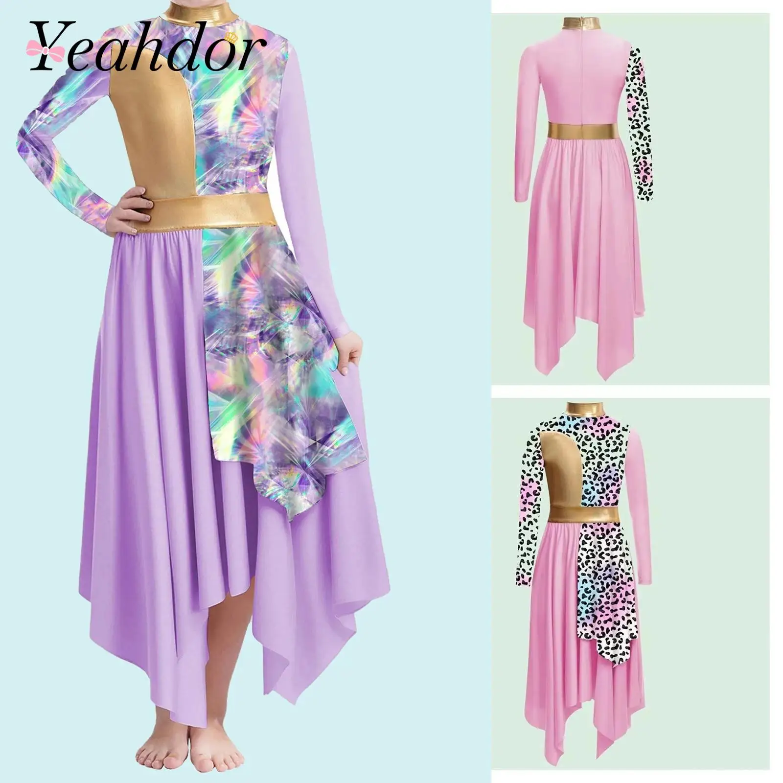 Liturgical Lyrical Dance Dress Girls Patchwork Worship Costume Dress Kids Modern Dance Dress Teens Metallic Printed Praise Robe
