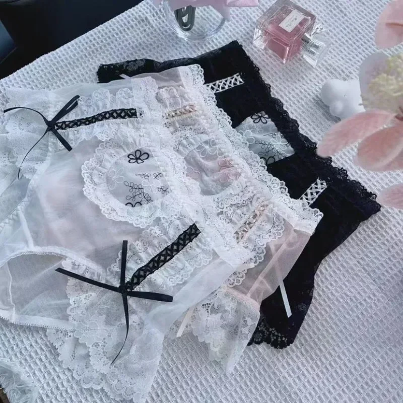 Big Size Lolita Sexy Lace Bow Briefs Sissy Mesh Mid-waist Panties Cross-dressing Transparent Embroidery Cute Briefs
