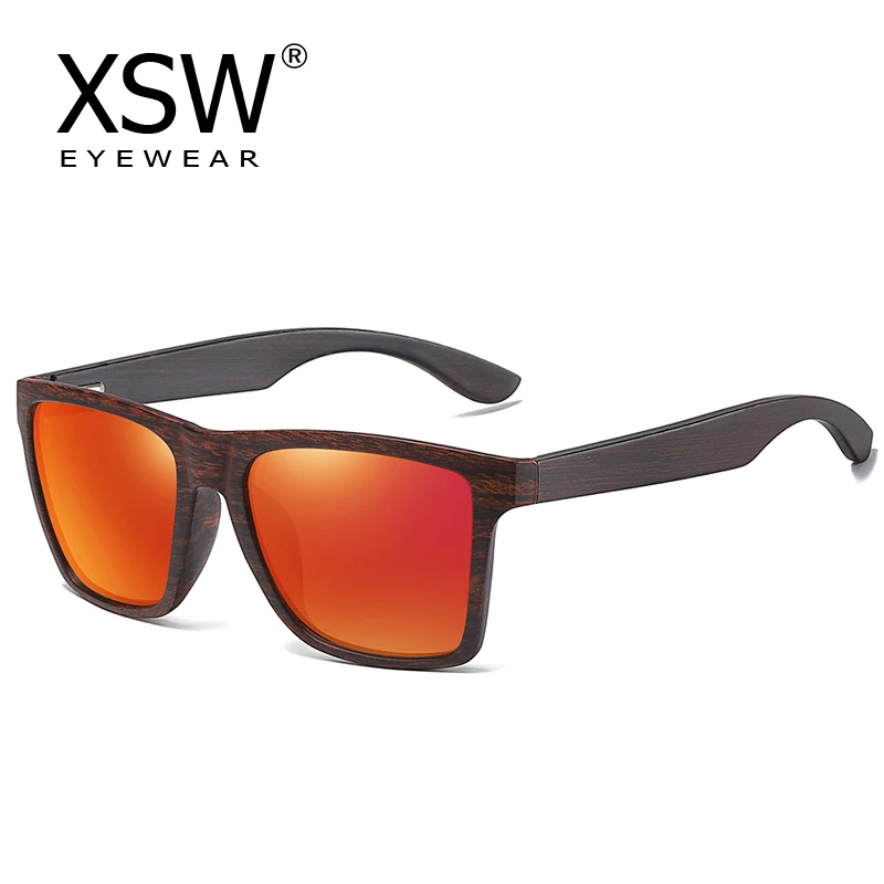 XSW Wood Sunglasses Men Women Polarized Rivet Square Brand Designer Real Wood Temple Sunglasses Vintage Glasses Red 5515R