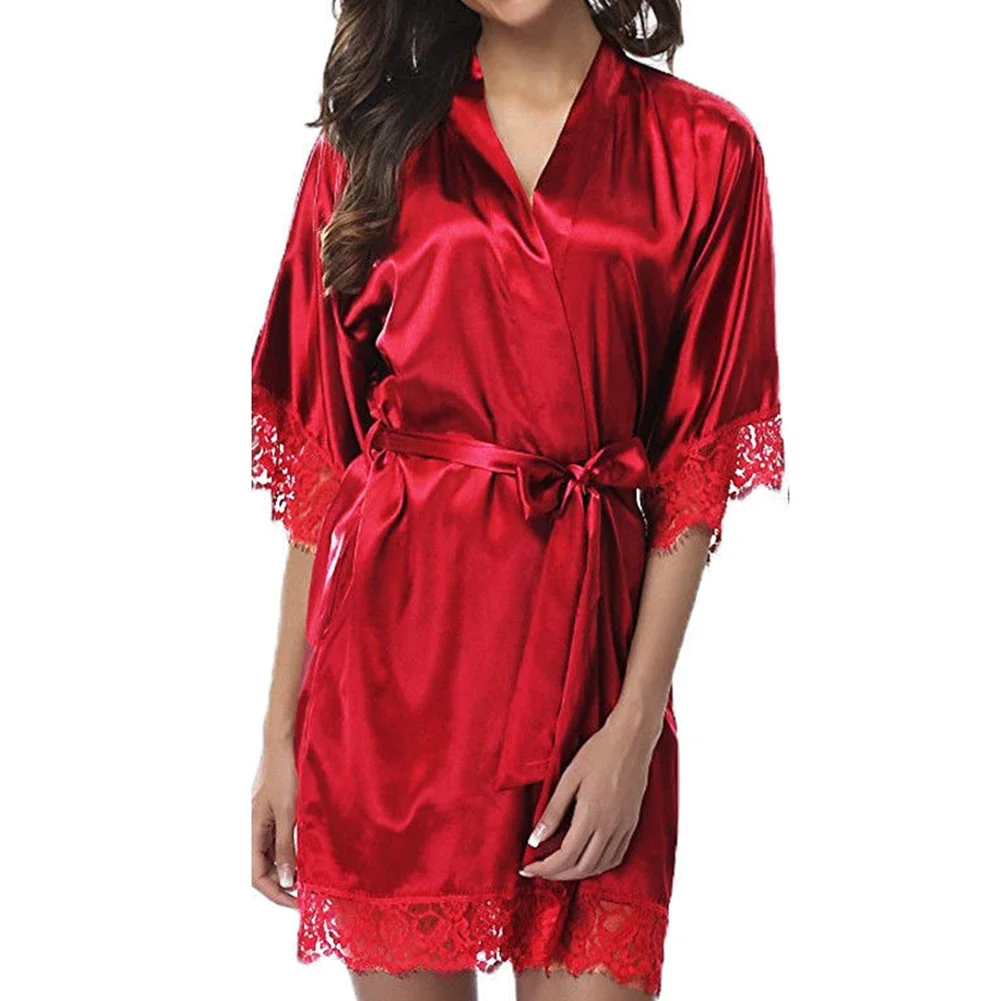 Sexy Women Lace Silky Pajamas Smooth Satin Robe Homewear Comfortable Soft Sleepdress Short Sleeved Nightgowns Solid Pajamas