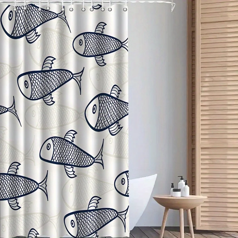 1pc with Hook Shower Curtain, Fish and Shadow Printed Pattern, High-end and Elegant, Machine-washable, Suitable for Bathroom and