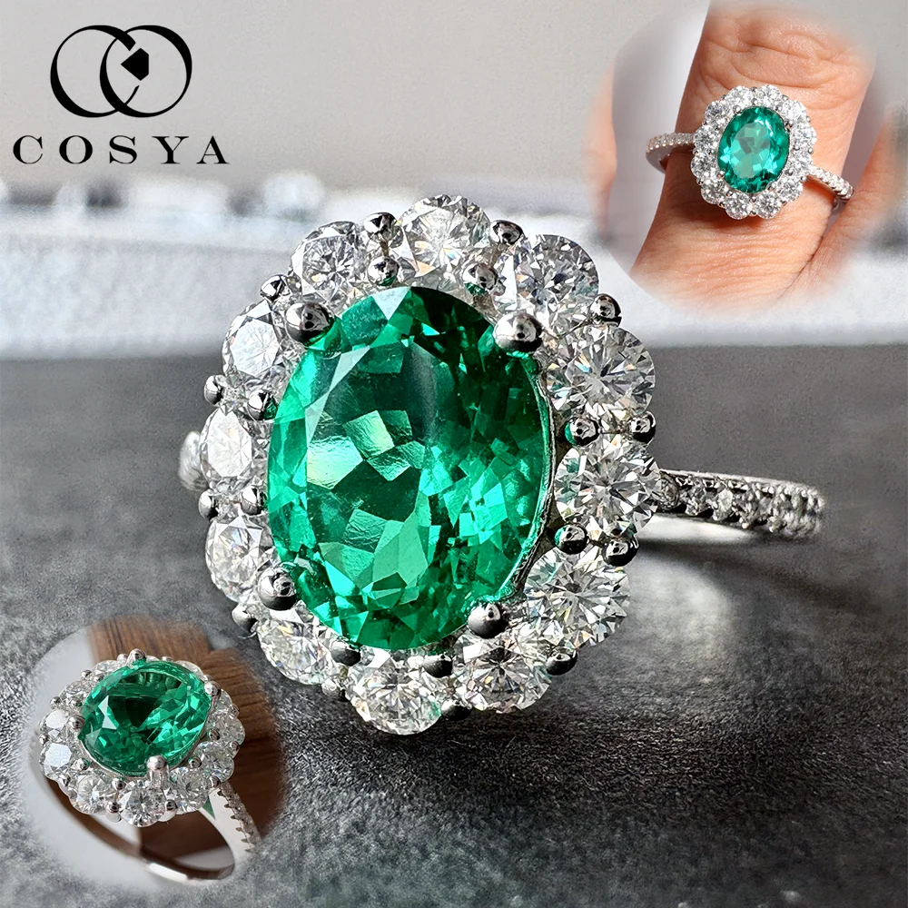 COSYA 2CT 7*9MM Lab Grown Colombian/Zambian Emerald Halo Rings For Women S925 Silver Moissanite Wedding Band Fine Jewelry Gift