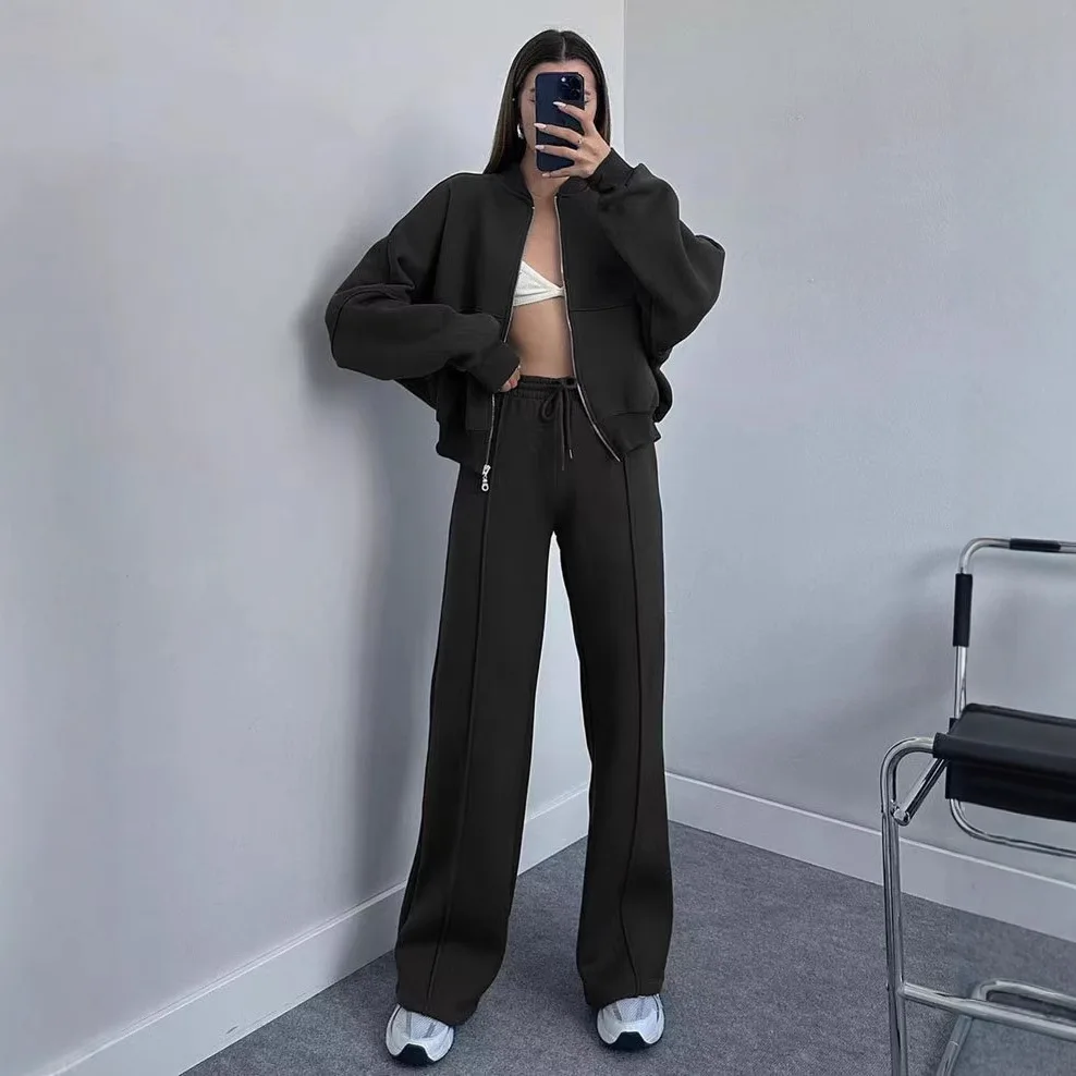 Sudadera de gran tamaño con cuello redondo y chaqueta informal, pantalones de pierna recta, moda Otoño/Invierno 2025, primavera