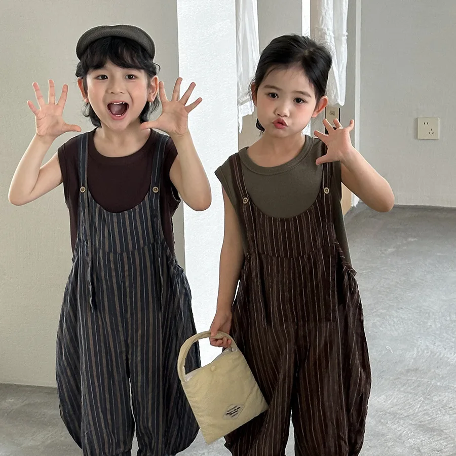 Children Clothes Kids Casual Pants 2026 Summer New Vertical Overalls Boys and Girls Retro Simple Kids Wide-leg Pants
