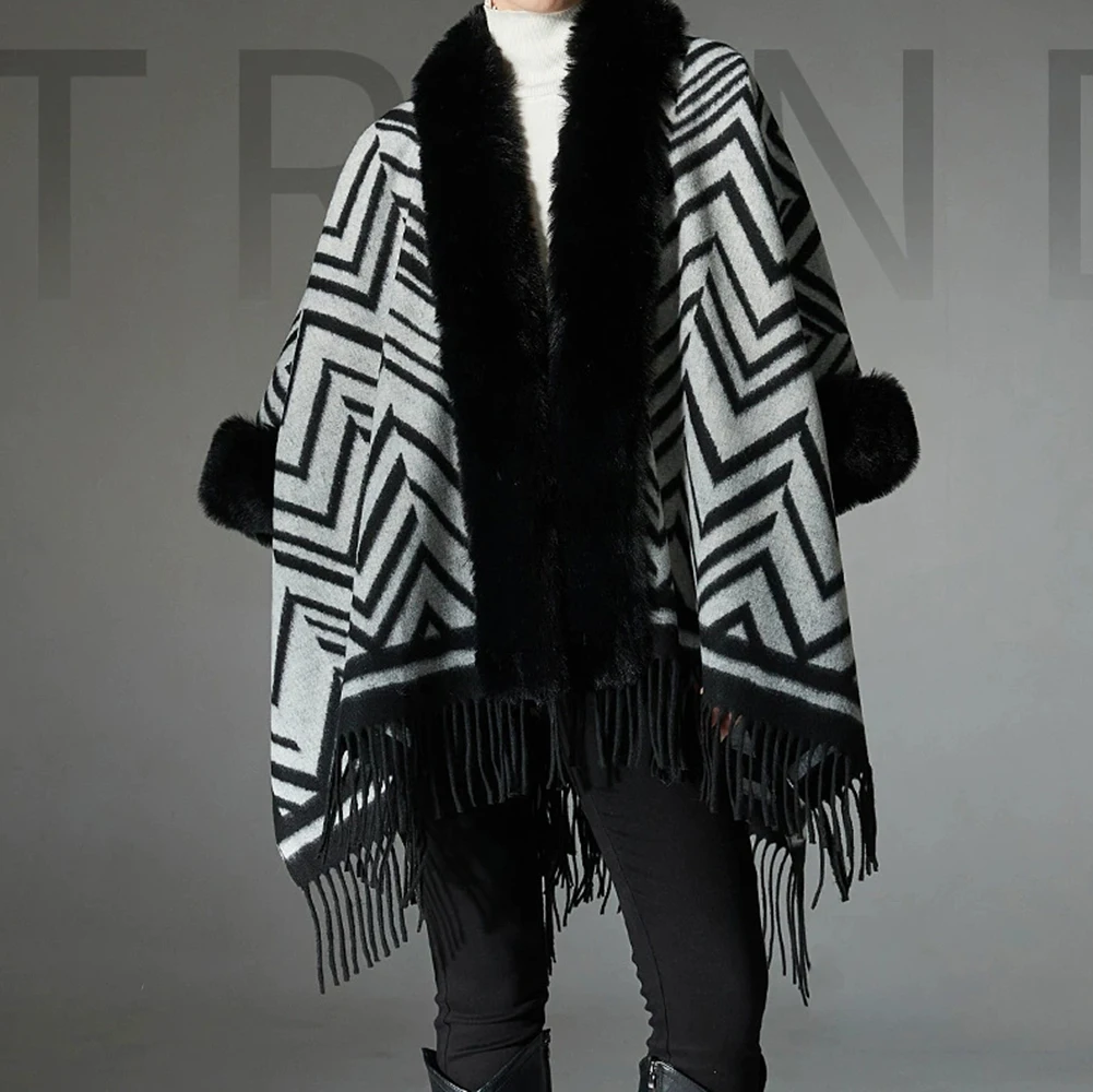 

European and American autumn and winter 2025 new jacquard black and gray fur collar shawl high-end-GZXX743
