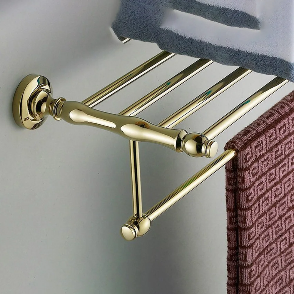 Luxury Gold Color Brass Bathroom Towel Rack Holder Wall Mounted Shower Storage Shelf Bathroom Accessories tba101