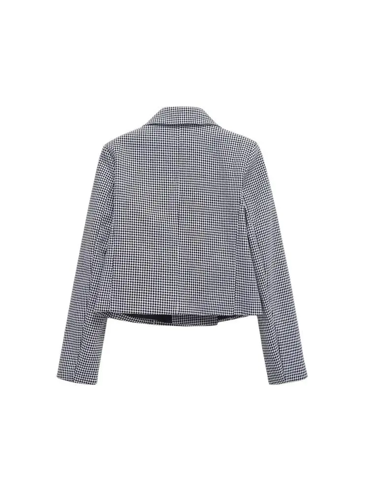 TRZA Double-breasted Houndstooth Blazer Coat for Women Long Sleeve Lapel Collar Chic Outerwear Fashion Tops