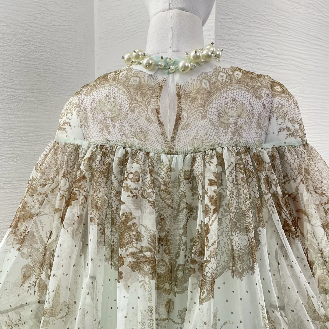 

Мятно-зеленый кружевной принт с длинным рукавом и жемчугом, блузка с неровным подолом и оборками, комплект из топа и юбки с неровным подолом 2025 г.