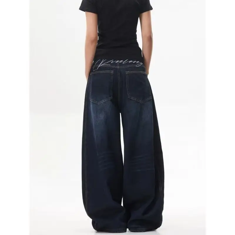 Retro American Embroidered Letter Knife  Jeans Women Loose Casual Trendy Brand Deconstructed Wide Leg Pants High Waist Denim
