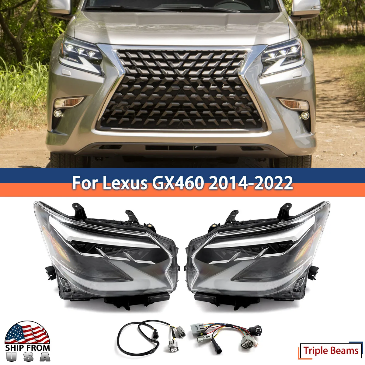 

Пара фар головного света для Lexus GX460 2014-2022 с тройным лучом, США