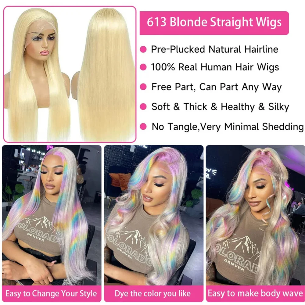 Ketebalan 220 Wig rambut manusia lurus pirang 613 Hd renda depan 13x6 Wig rambut manusia Brasil untuk wanita 13x4 Wig berwarna renda Frontal