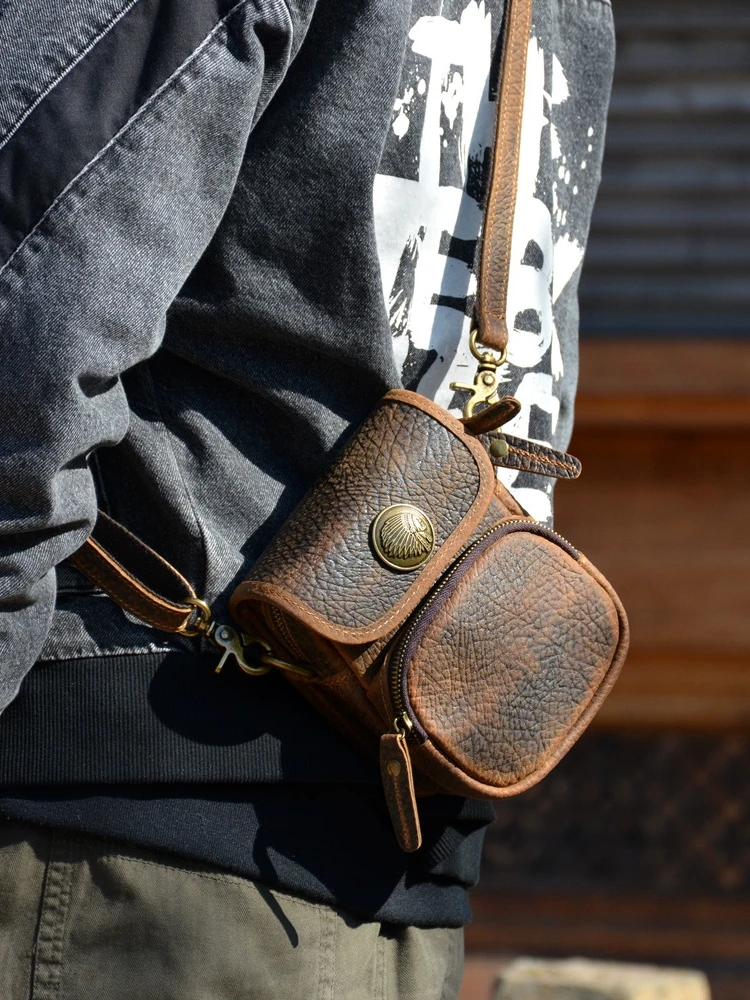 

Retro Style Men's Crossbody Bag Multi-Functional Waist Bag with Belt Mad Leather Mobile Phone Bag Leather Material