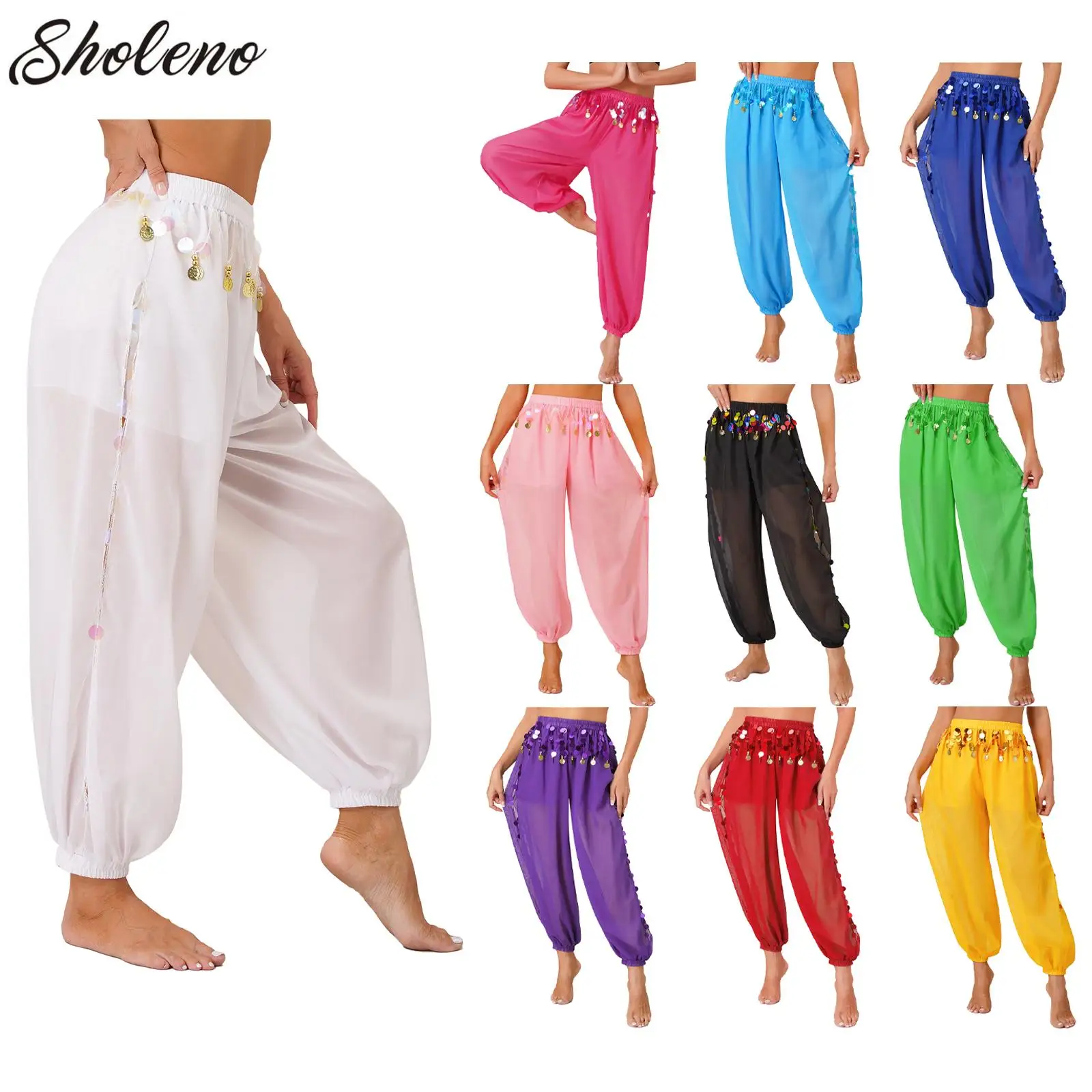 Pantaloni Harem di danza del ventre in chiffon Lanterna araba di Halloween Pantaloni con paillettes lucide Pantaloni fantasia Pantaloni Bloomers per le donne che ballano