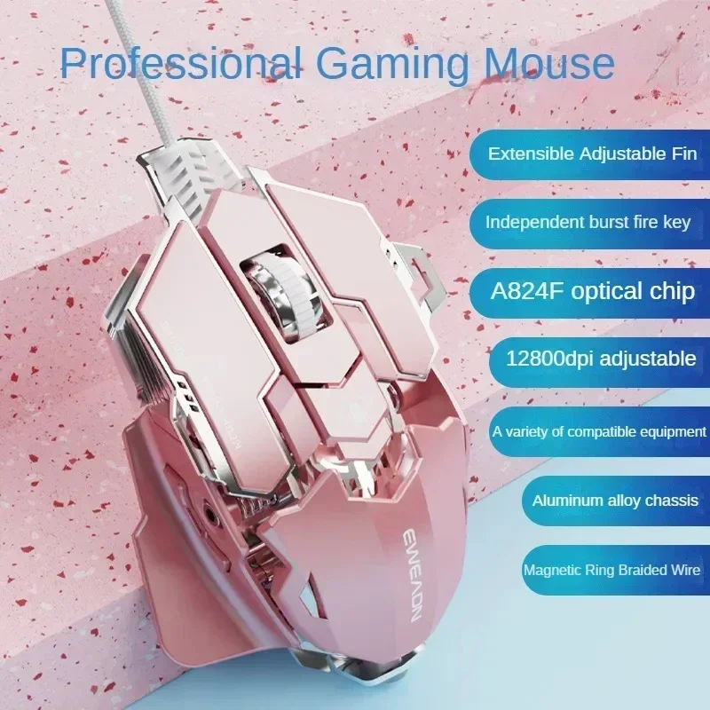 EWEADN MK500 Pink Wired Mechanical Mouse Full Key Macro Programming Game E-Sport Ergonomic Gaming Mouse Laptop Accessories Gifts