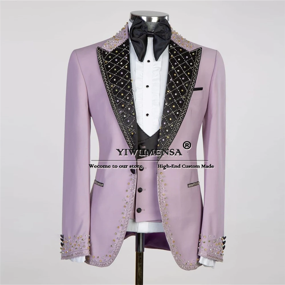 

Luxury Jewelry Beading Bridegroom Tuxedo Tailored Made Black Lapel Mens Suits Formal Party Prom Blazer Traje De Hombre Elegante