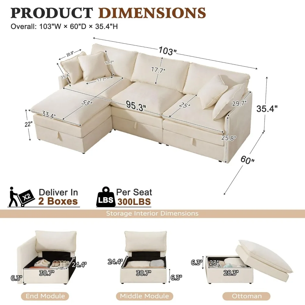 

103" Modular Sectional Sofa with Storage, L Shaped Cloud Couch with Movable Ottomans & 4 Pillows, Chenille Deep, Customized