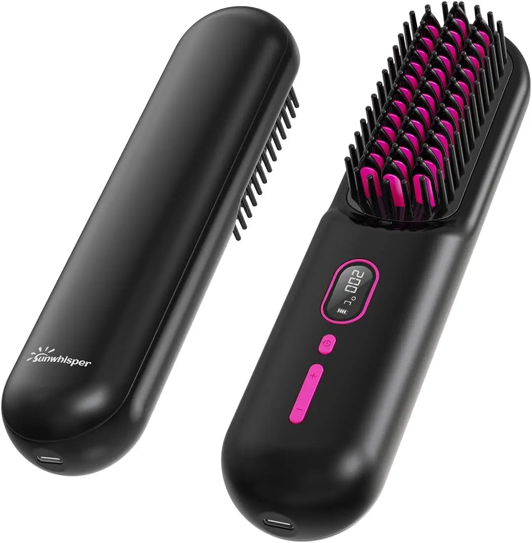 

Cordless Hair Straightener Brush with 200M Anions, Portable Travel Comb with LCD Display & 2 Clips - Black