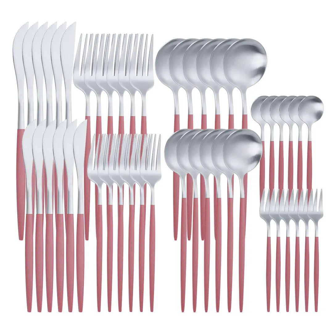 

Complete Cutlery Set 48pcs Pink Silver Tableware Set Stainless Steel Forks Spoons Dessert Knife Dinnerware Set Kitchen Flatware