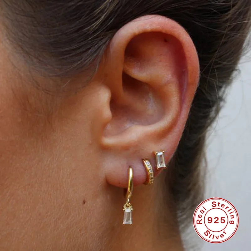 LENNIK-pendientes de aro de Plata de Ley 925 para mujer, aretes colgantes de circonita negra, Piercing chapado en oro de 18K, conjunto de joyería de