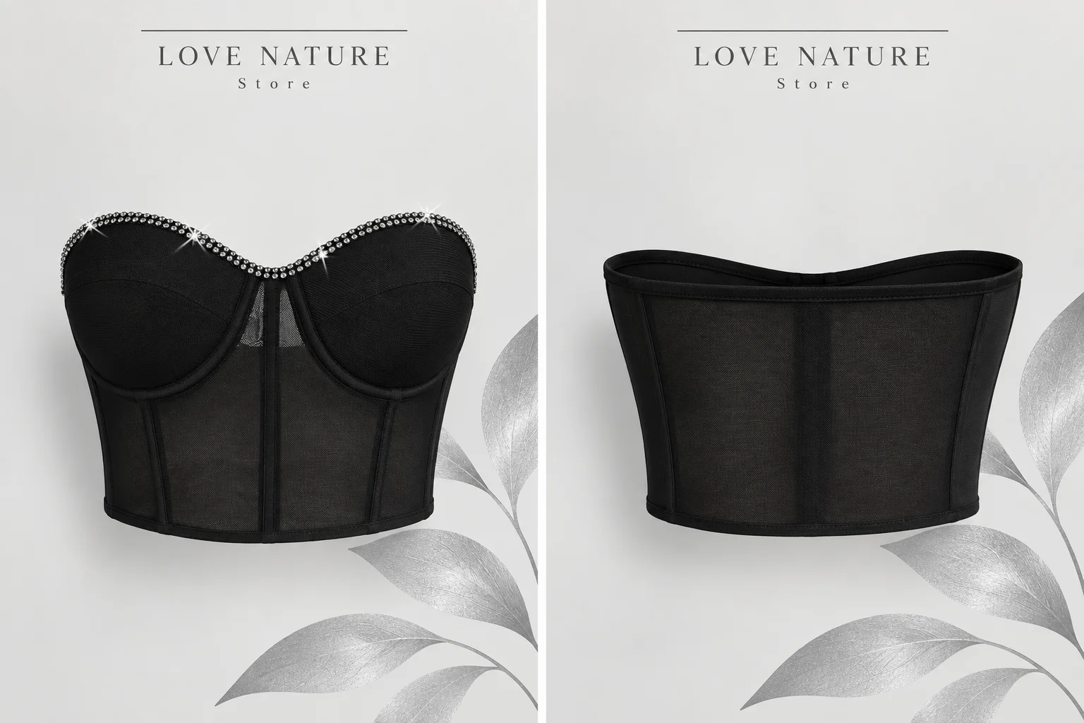 【LOVE NATURE Store】Women’s Black Rhinestone Mesh Corset Top, Strapless Underwire Bustier
