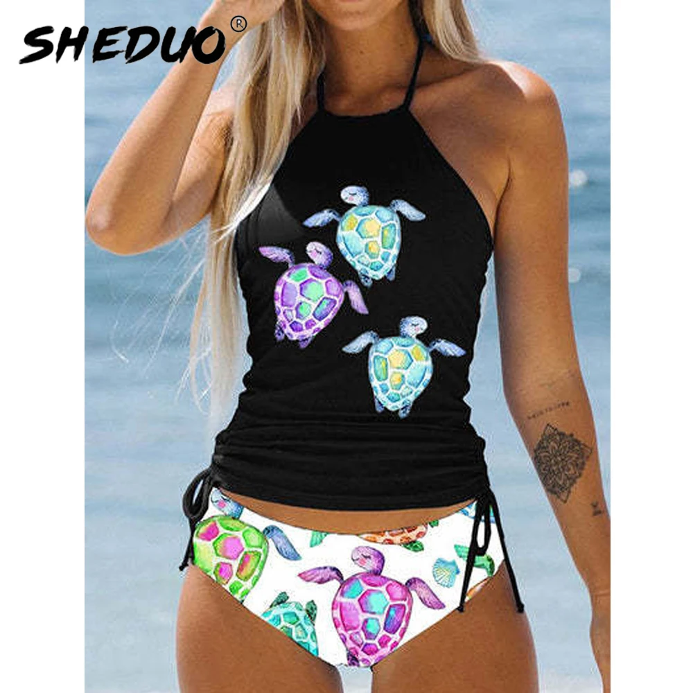 New Shirring Tankini Swimwear Women Bikini Two Pieces Swimsuit Tummy Control Bikini Set Bathing Suit Summer Halter Beach Wear