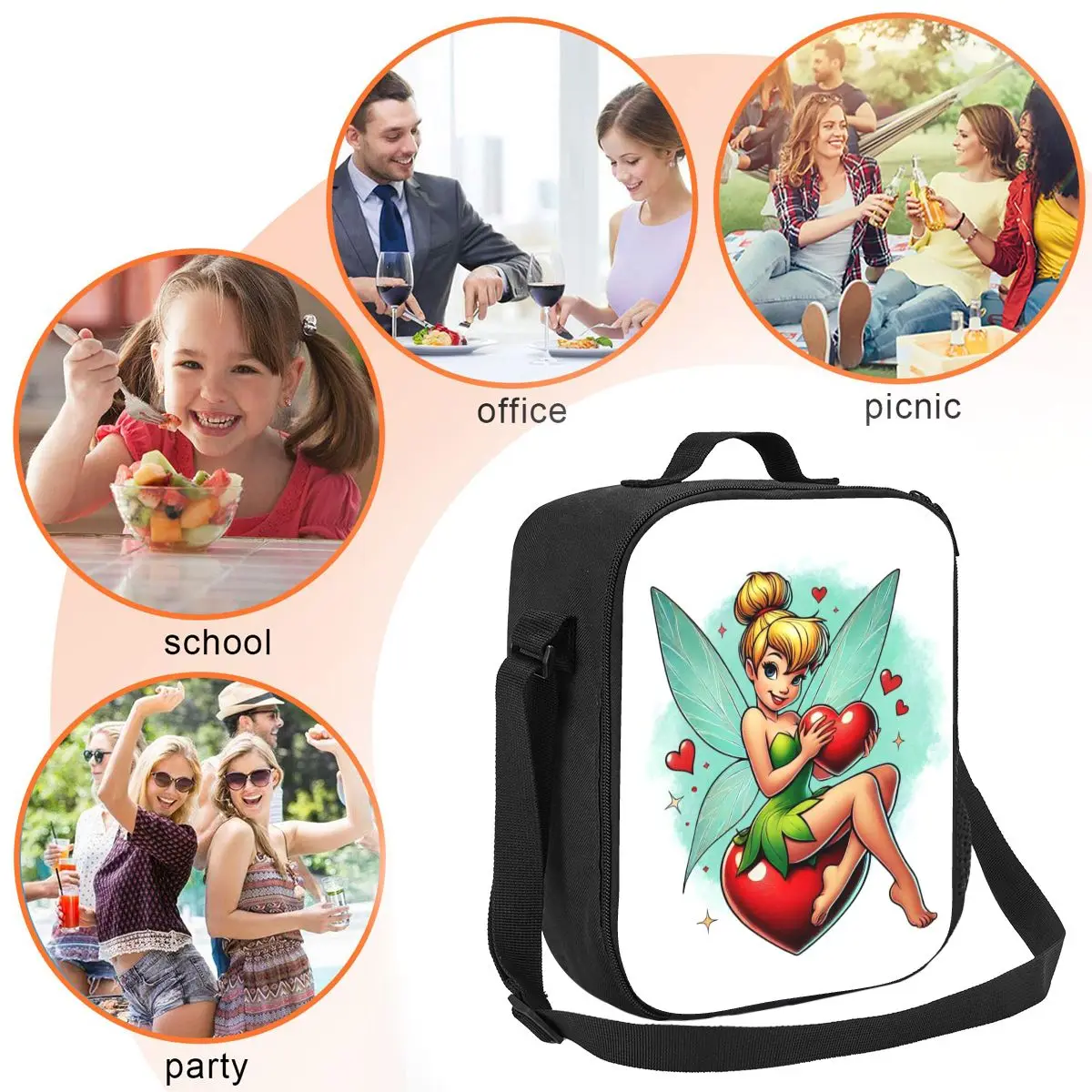 Custom Tinker Bell Love Thermal Insulated Lunch Bag Resuable Lunch Container for Work School Travel Multifunction Bento Food Box
