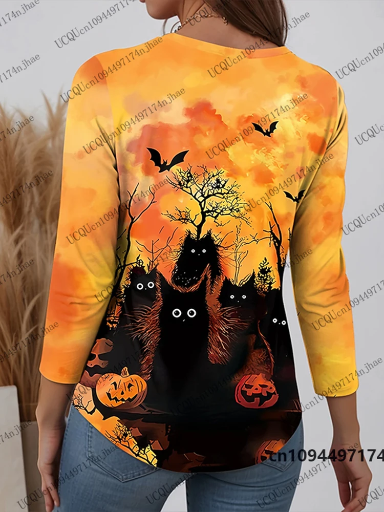 2026 New Halloween Horror Cat Print Long Sleeve T-shirt For Women Autumn Fashion O-neck Tees Casual Clothes Loose Oversized Tops