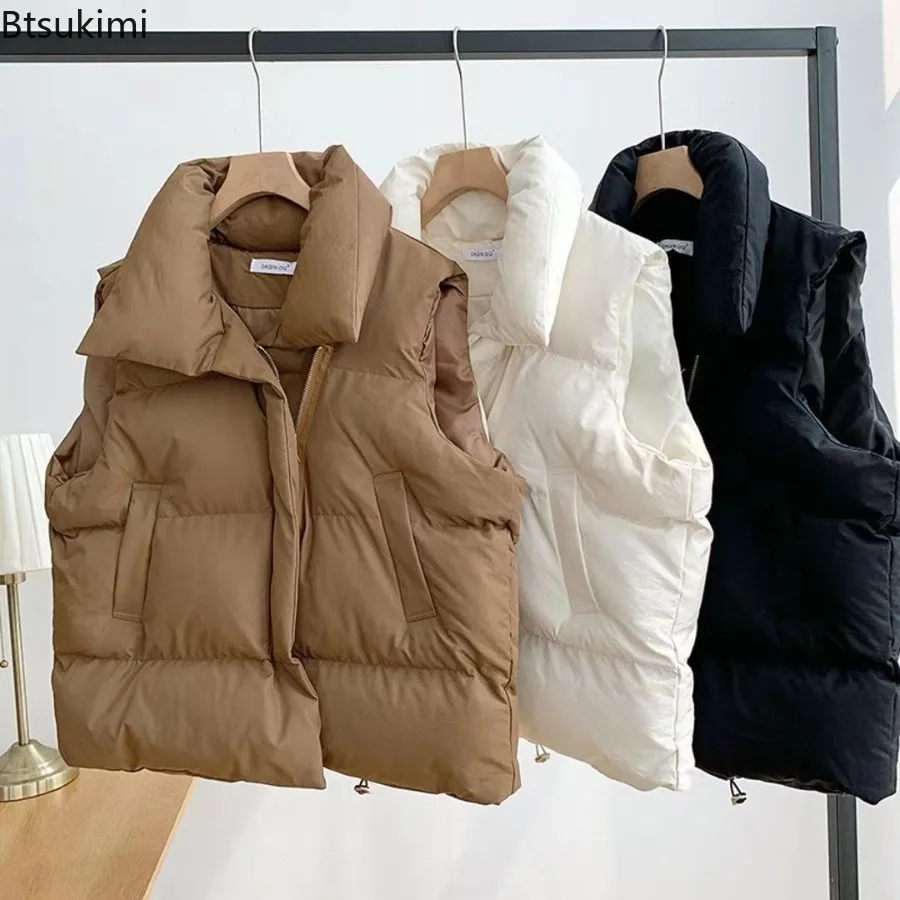Women Fashion Autumn New 2026 Stand Collar Elegant Down Cotton Coats Warm Outerwear Casual Sleeveless Winter Women Vests Jackets