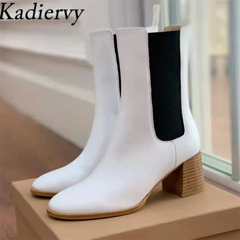 

Genuine Leather Chunky Heels Short Boots Women Runway Party Shoes Women Chunky Heels Modern Boots Woman Botas Femininas