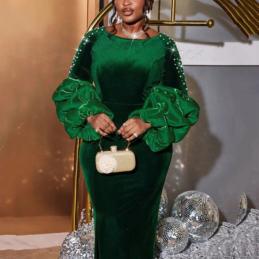 

Luxury Dresses for Women O Neck Puff Sleeve Beaded Sheath Velvet Ankle Length High Quality Elegant Ladies Birthday Party Dress