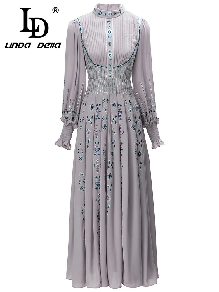 Ld linda della-فستان طويل للنساء ، فستان غير رسمي برقبة مستديرة ، طباعة مخططة ، خصر عالي ، سبليت ، أفضل للسفر ، نمط جديد ، خريف