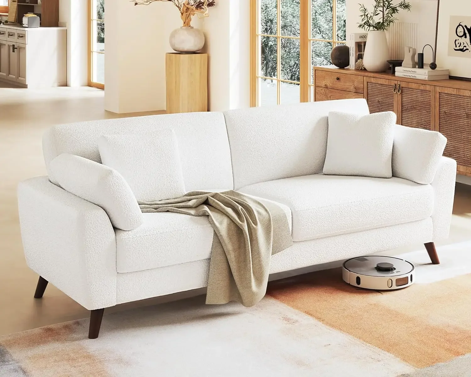 

Modern Couch Sofa with Throw Pillows, Seater Couch for Living Room, Boucle Upholstered Sofa