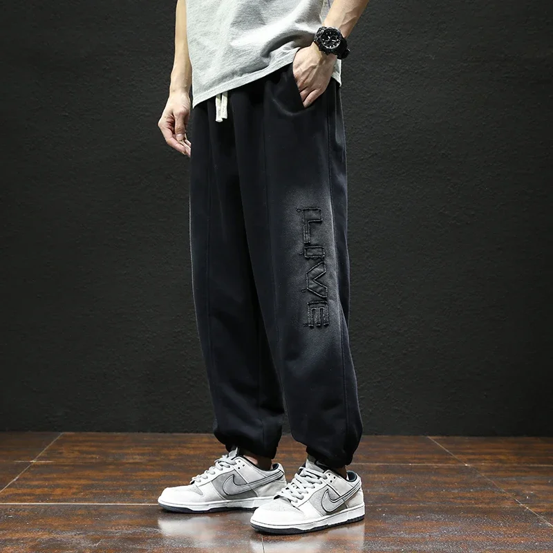 2024 Korean-style Men's Casual Pants Fashion Washed Patchwork Design Drawstring Jogging Pants Y2K Harajuku Street Men's Pants