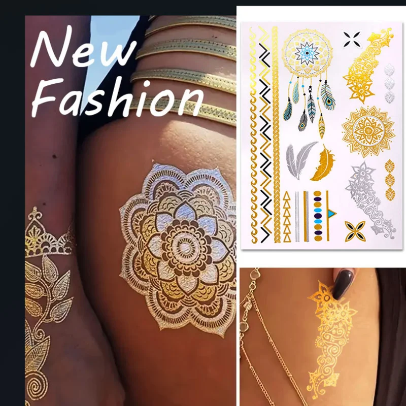 

Gold Glitter Tattoo Stickers Vintage Metal Color Water Transfer Tattoo Decals Waterproof Temporary Tattoo Body Art Tattoo Decors