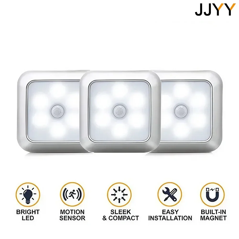 Battery-Powered Motion Sensor Night Light, Six LEDs, 10ft Detection Range, Approx.15-Second Auto-Off, Ambient-Light Sensing, ABS Body, for Dry Closets, Hallways, Bedrooms, Cabinets and Stairways, white or warm light