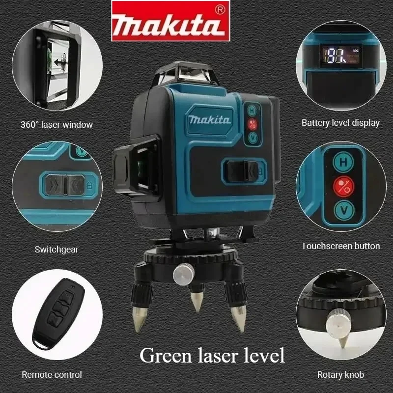 ماكيتا مستوى الليزر الأخضر: 4×360 °   خطوط، بطارية 5000 مللي أمبير في الساعة وقت تشغيل 8 ساعات للبناء والتخطيط الذاتي أوضاع التسوية اليدوية الجديدة