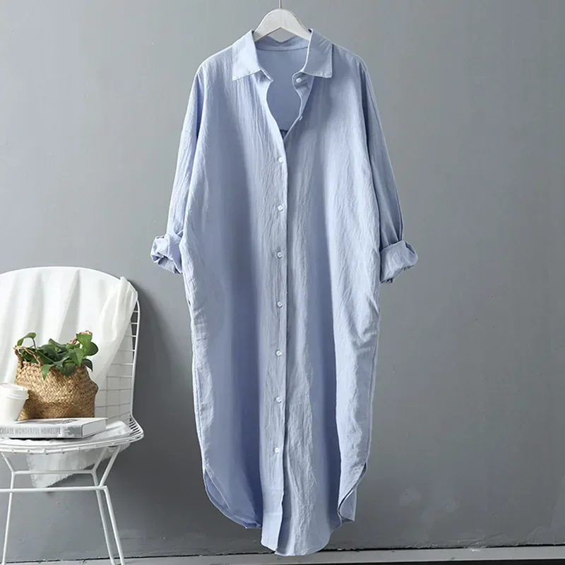 Long White Shirt Dress for Women Linen Cotton 2024 Spring Summer Casual Korean Clothing Vintage Oversized Midi Robe