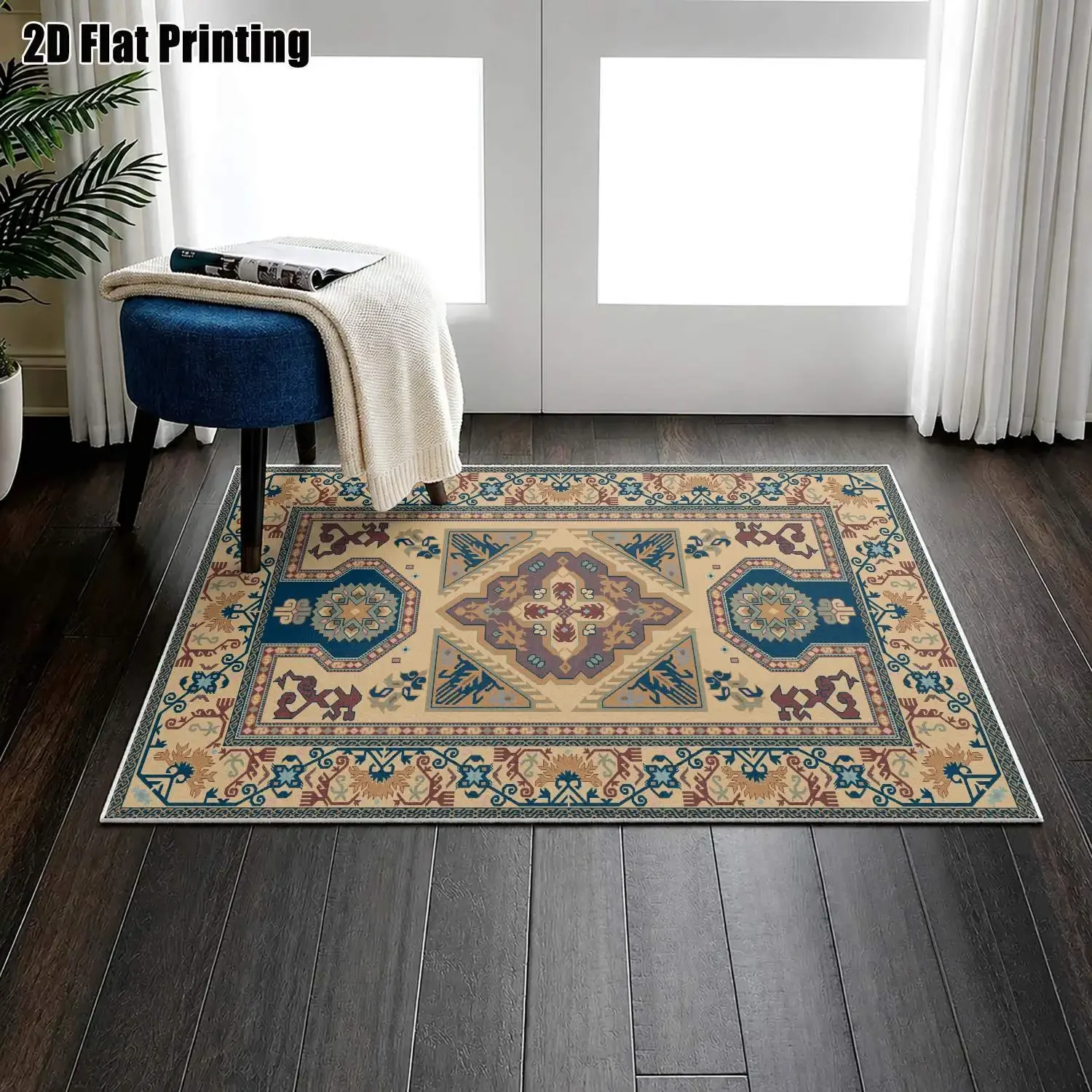 1Pc 2D Printed Velvet Retro Geometric Carpet, European & Bohemian Styles, Machine Washable, Multi-Size for Home Decor & Multi-Sc