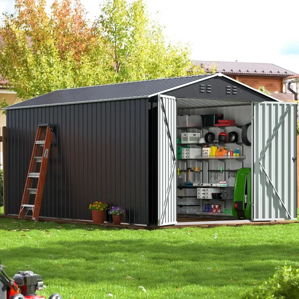 12x8 FT Outdoor Storage Shed, Large Garden Shed with Updated Frame Structure and Lockable Doors, Metal Tool Sheds